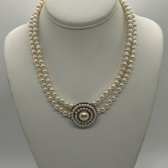 Vintage Faux Pearl Choker Double Strand Necklace With Ornate Pendant Prom Formal - Picture 3 of 15